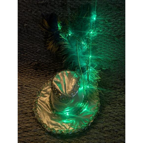 Adult Green Light Up Mardi Gras Gold Top Hat Feathers Halloween Costume Unisex - Picture 2 of 12